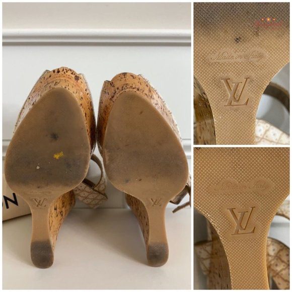 Authentic Louis Vuitton Cream Beige Printed Wedge Cork Platform Sandals 39.5/9.5 - Picture 8 of 14